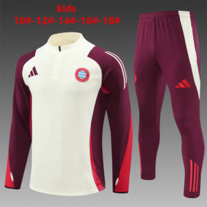 Bayern Munich 2024-25 White Half Zip Long Sleeve Kids Training Kit