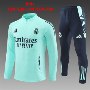 Real Madrid 2024-25 Turquoise Blue Half Zip Long Sleeve Kids Training Kit