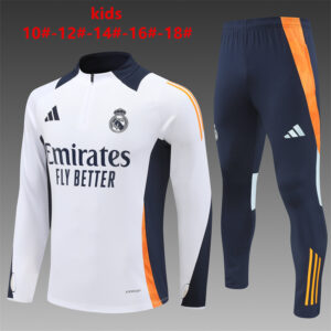Real Madrid 2024-25 White Half Zip Long Sleeve Kids Training Kit