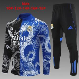 Real Madrid 2025-26 Black Blue Dragon Half Zip Long Sleeve Kids Training Kit